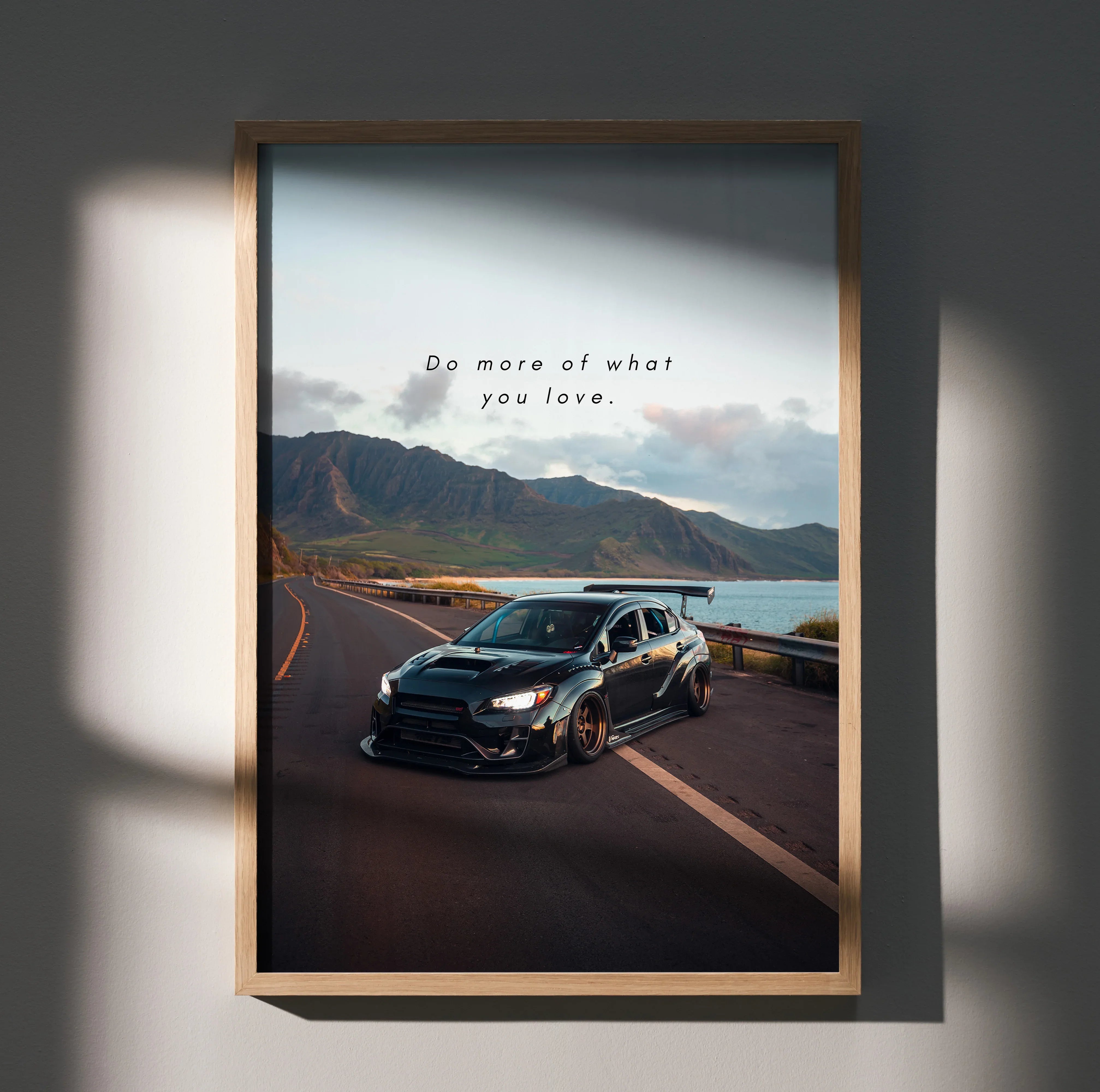 Subaru WRX STI parked on scenic road mountain backdrop motivational poster wall art.