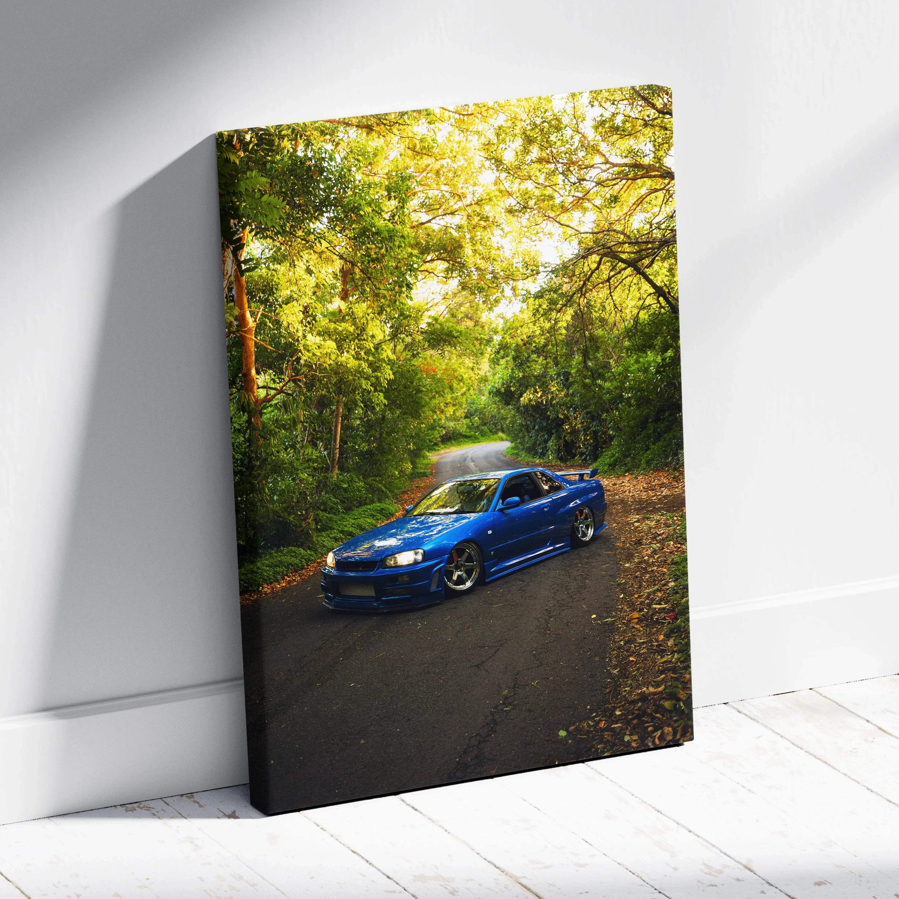 Vertical canvas art of blue Nissan GTR R34 Skyline car on forest road, vibrant wall art print.