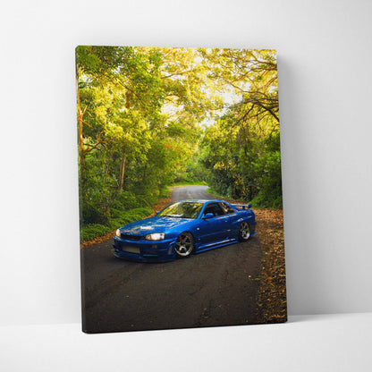 Blue Nissan GTR R34 Skyline on forest road, vibrant colors, vertical canvas wall art.