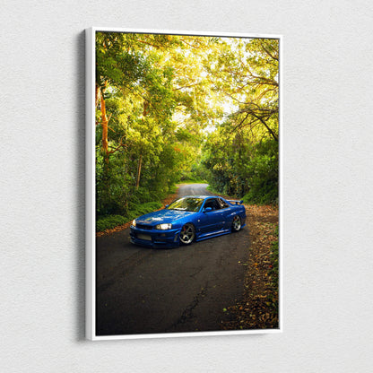 Blue Nissan GTR R34 Skyline on road surrounded by green trees canvas wall art vertical print.