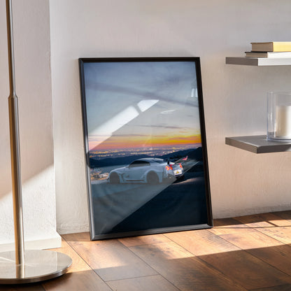 Nissan R35 GT-R poster showcasing the sports car at sunset, framed wall art decor.