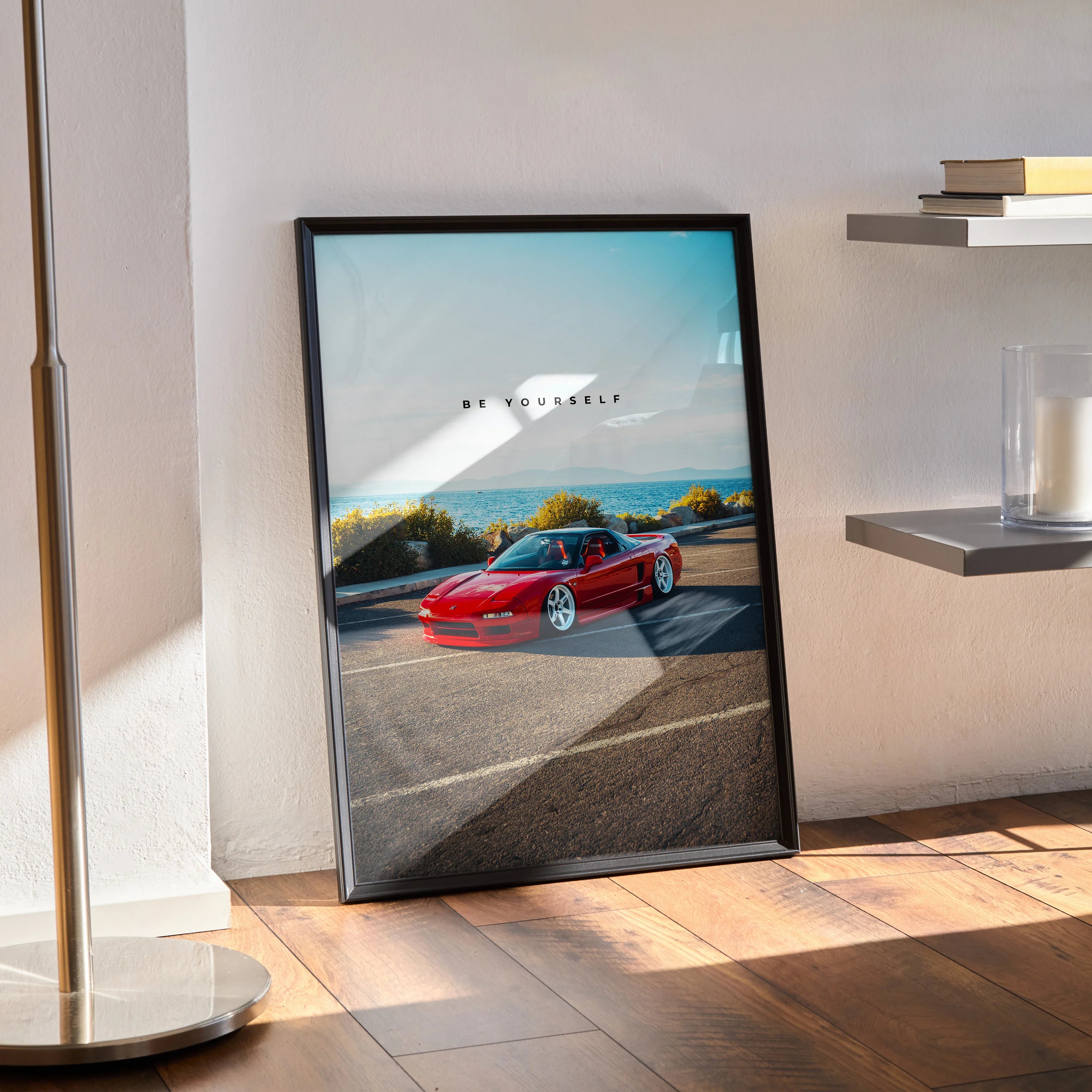 Acura NSX poster wall art with red sports car and inspirational text in black frame.