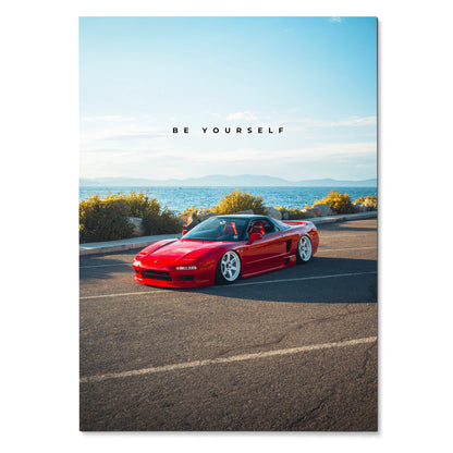 Motivational poster wall art featuring a red Acura NSX sports car under a clear blue sky with "Be Yourself" text.