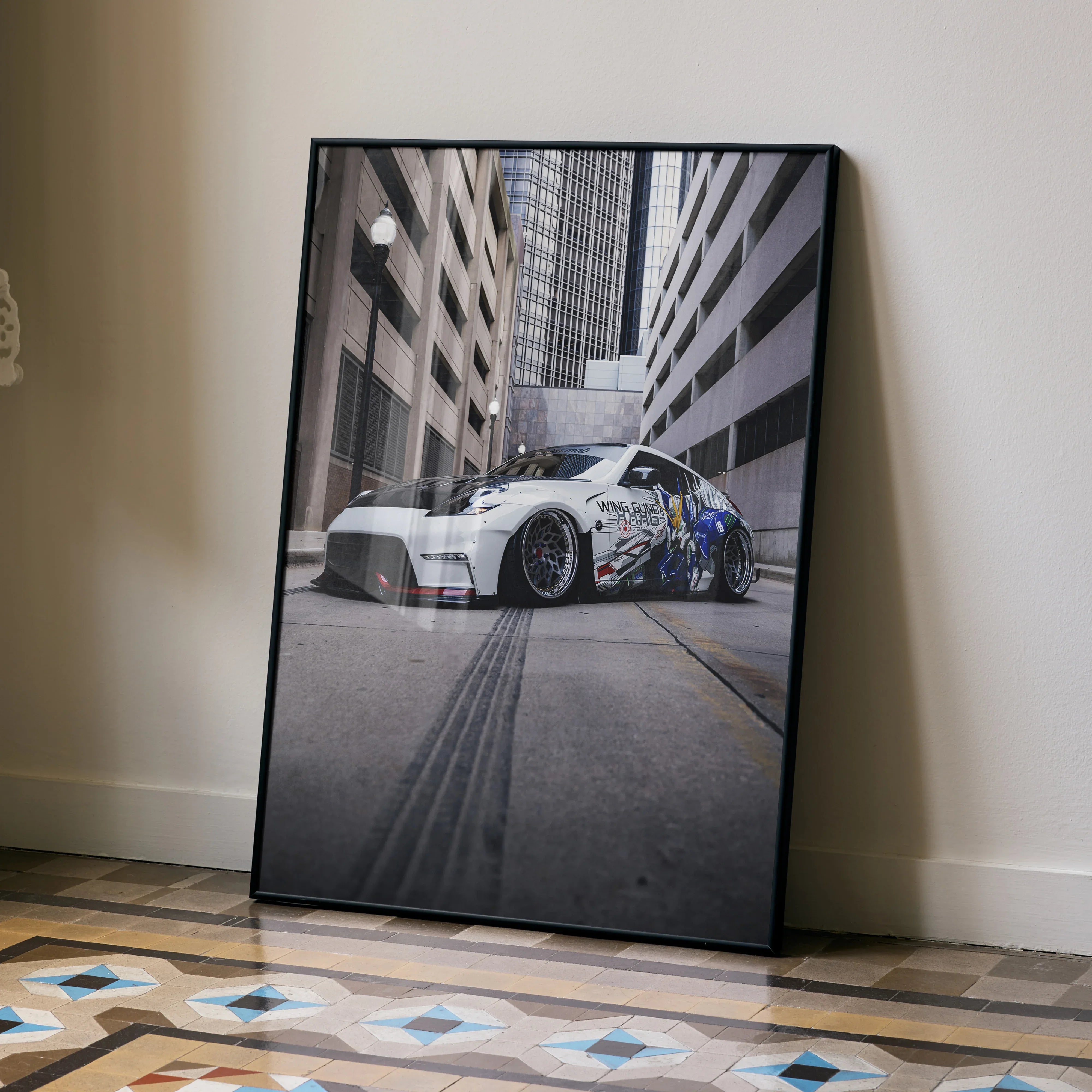Nissan 370z lowered sports car in urban alleyway poster wall art with high contrast and detailed textures.