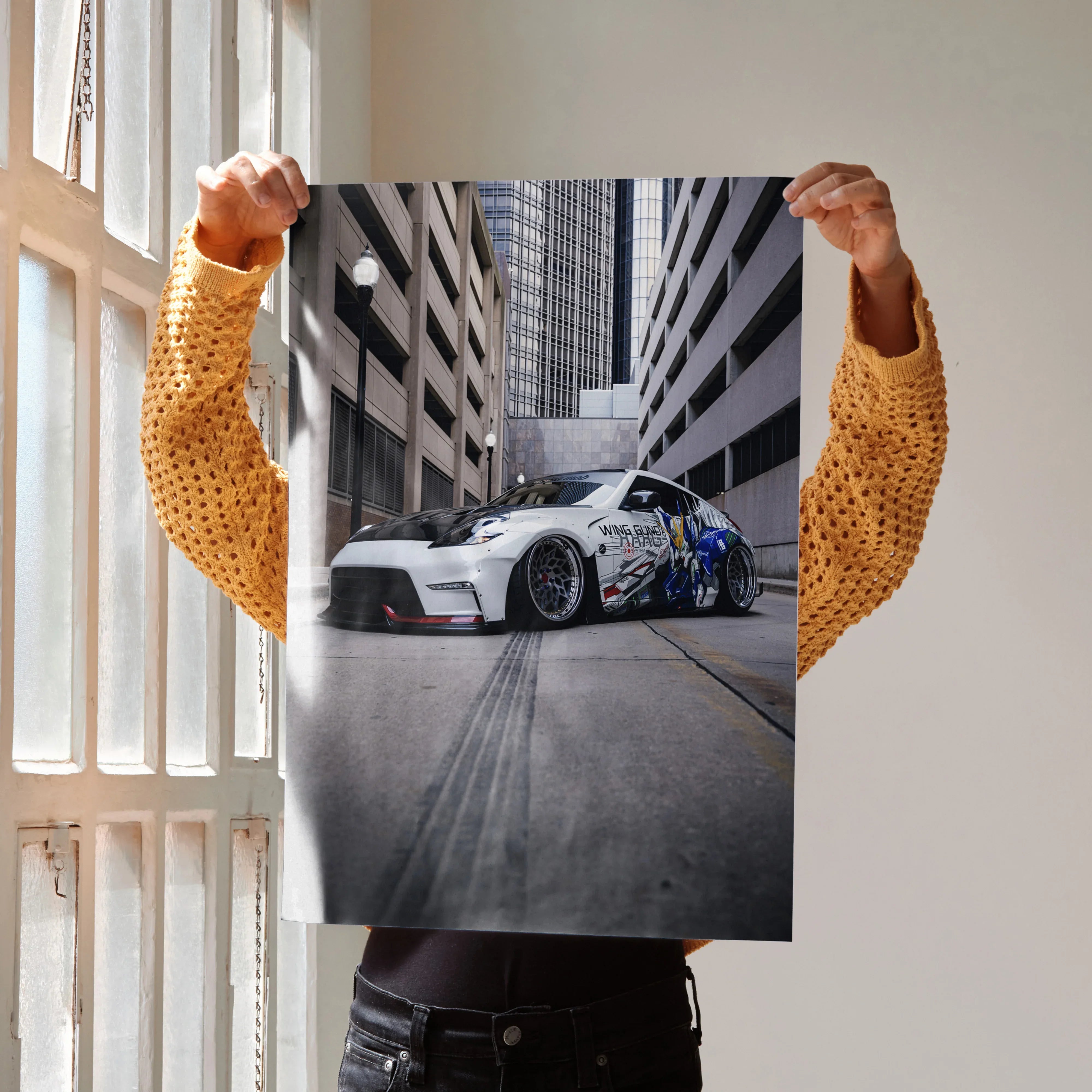 Nissan 370z JDM poster with white sports car in urban alley, premium satin wall art.