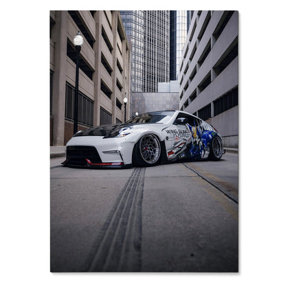 Nissan 370z sports car with custom blue and white graphics parked in urban alley poster wall art.