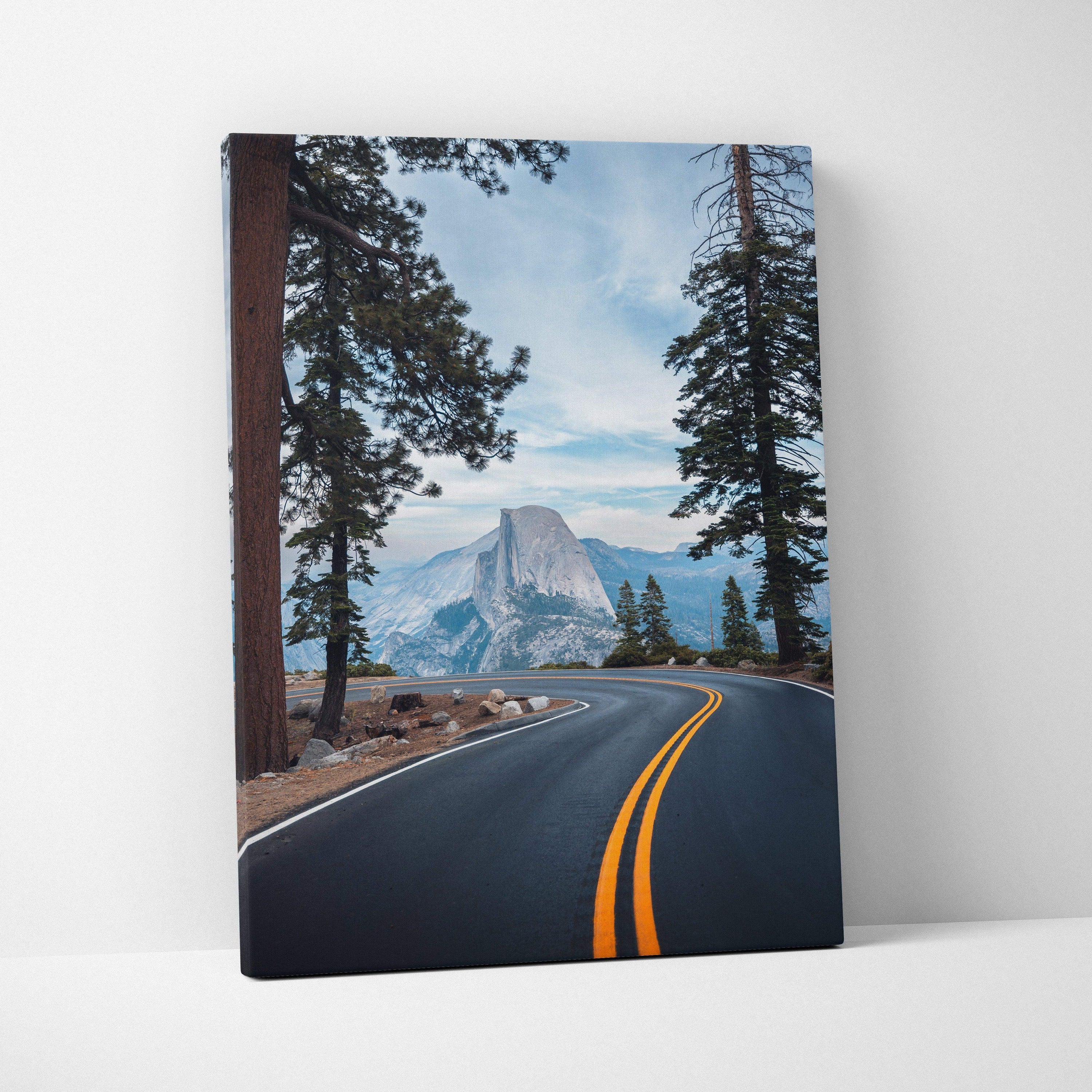 Winding road to Half Dome Yosemite canvas art in cool blues and grays