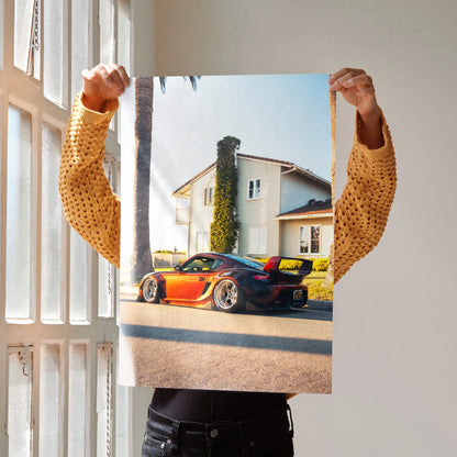Porsche Cayman car illustration poster with sunset lighting and modern house backdrop wall art.