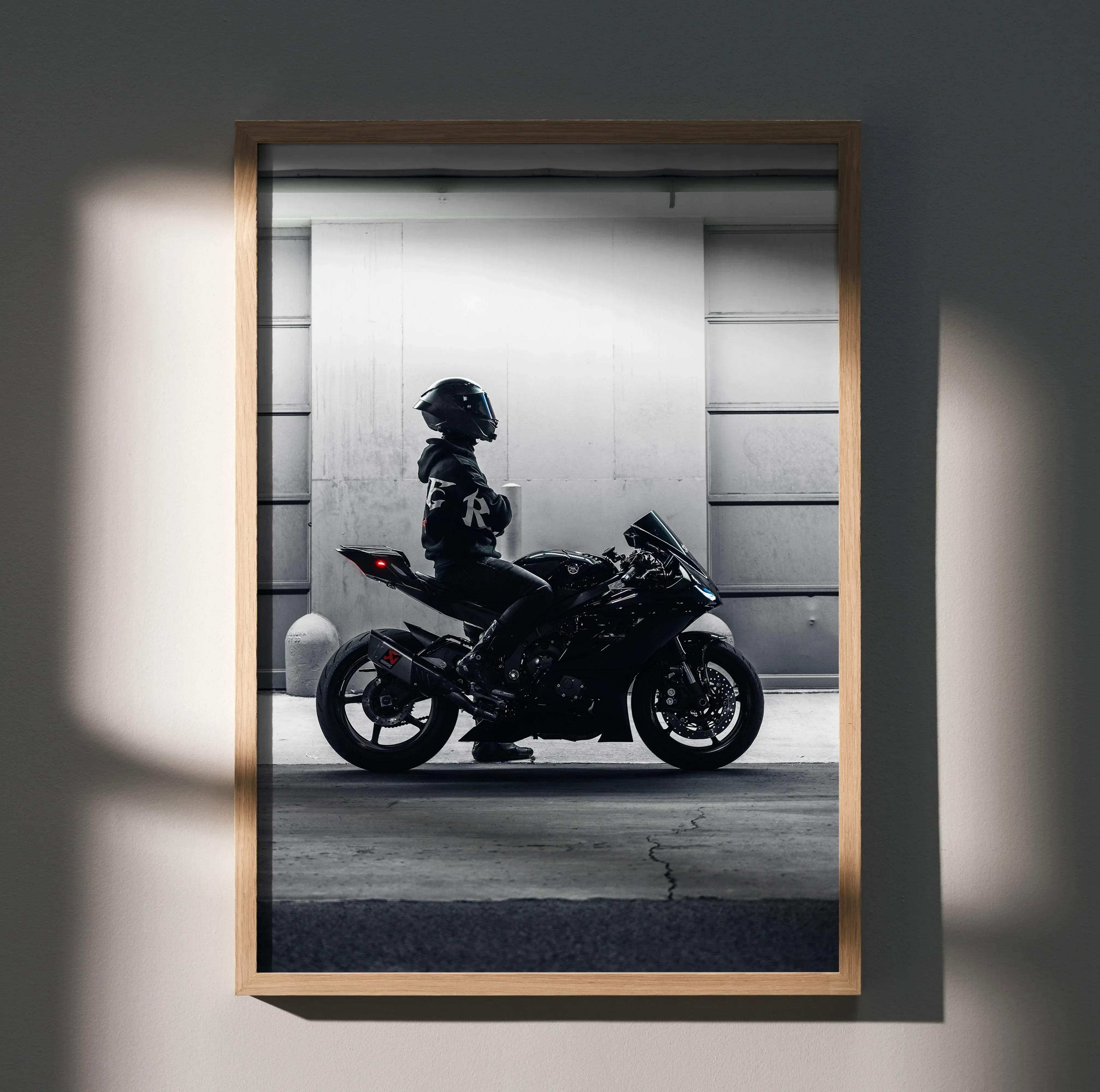 Biker poster featuring a black Yamaha R6 sport motorcycle with rider in full gear and AGV Pista helmet framed in light wood