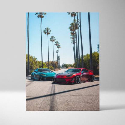 Toyota GR86 canvas art featuring two sporty cars on palm-lined street, vertical wall art print.