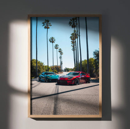 Toyota GR86 and FRS sports cars on sunlit street with tall palm trees poster wall art.