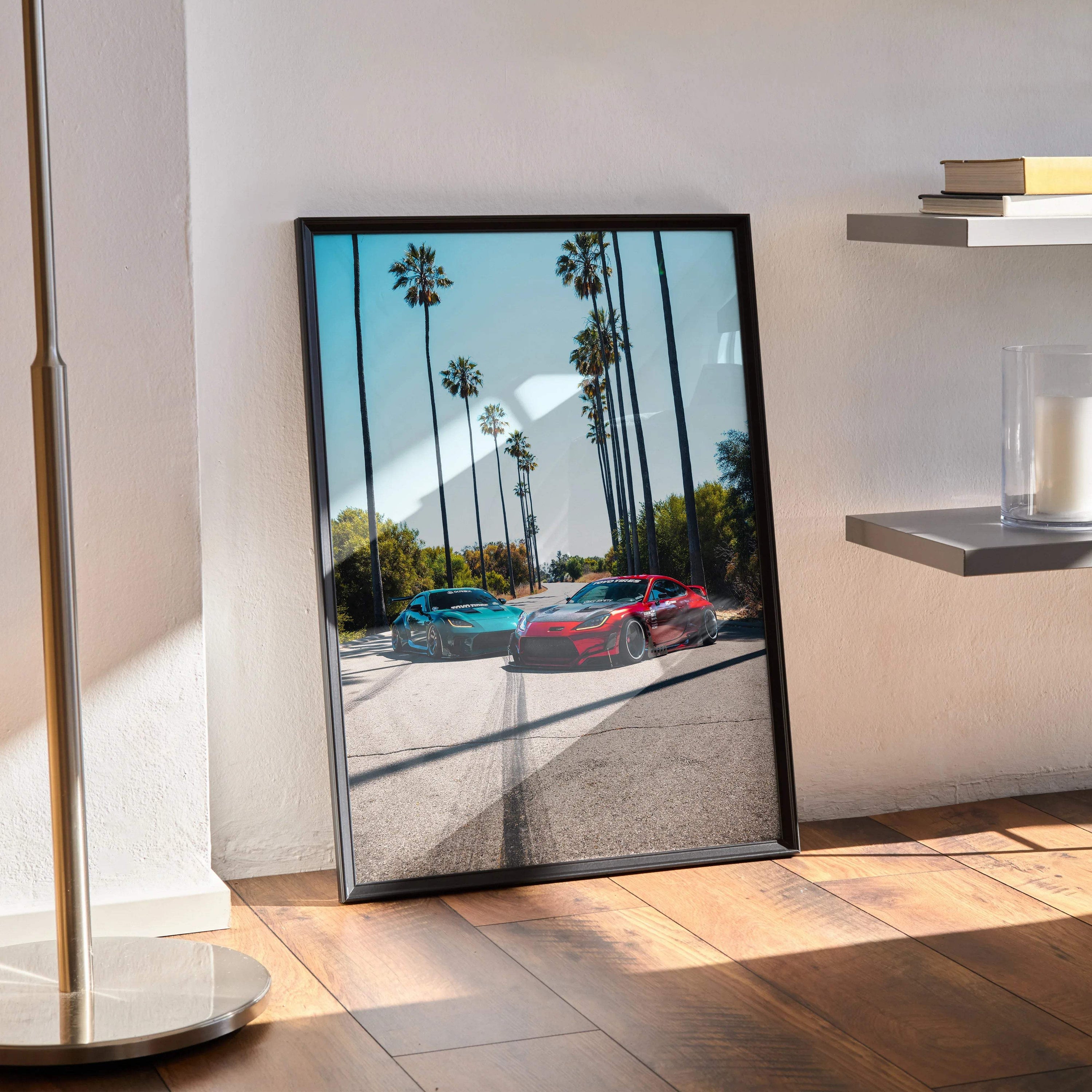 Toyota GR86 and Subaru BRZ racing poster with palm trees, modern black frame wall art.