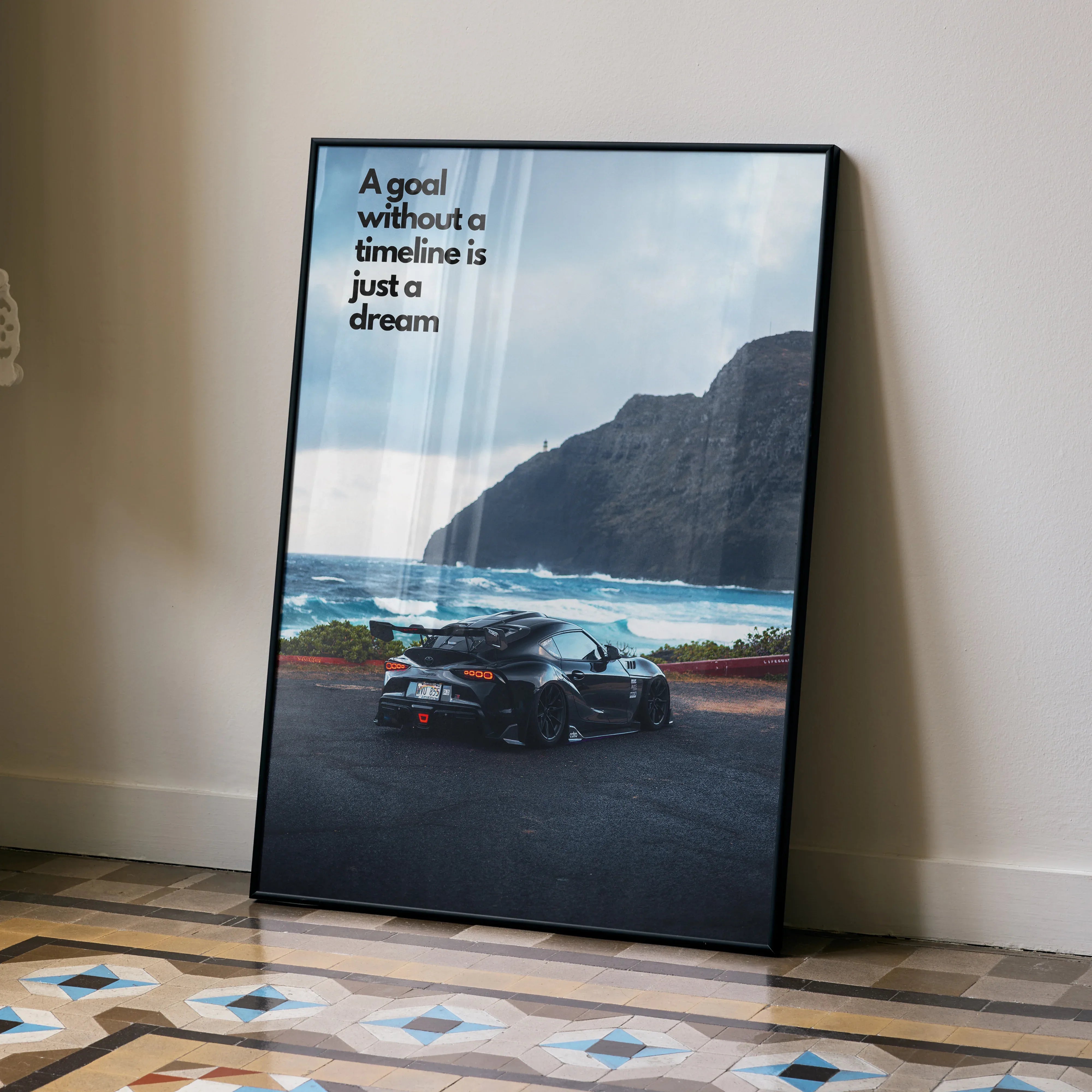 Toyota Supra Mk5 poster with black sports car by ocean and mountain, motivational wall art.