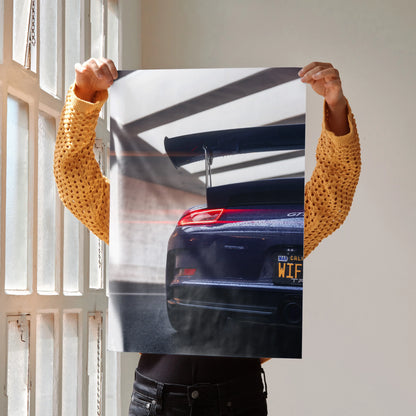 Porsche 911 GT3 RS rear view poster wall art with black car and red taillights.