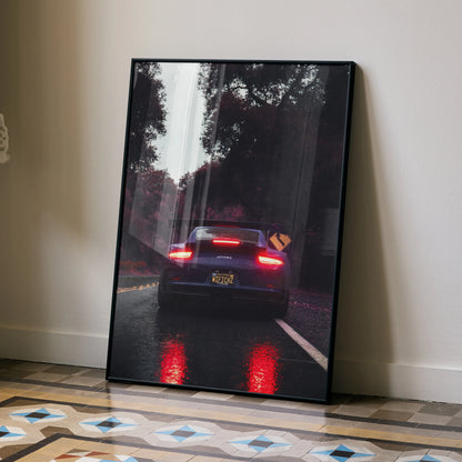 Porsche 911 GT3 RS rear view poster with night road reflection, modern wall art.