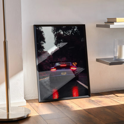 Porsche 911 GT3 RS poster showcasing rear view with brake lights glowing, modern wall art.