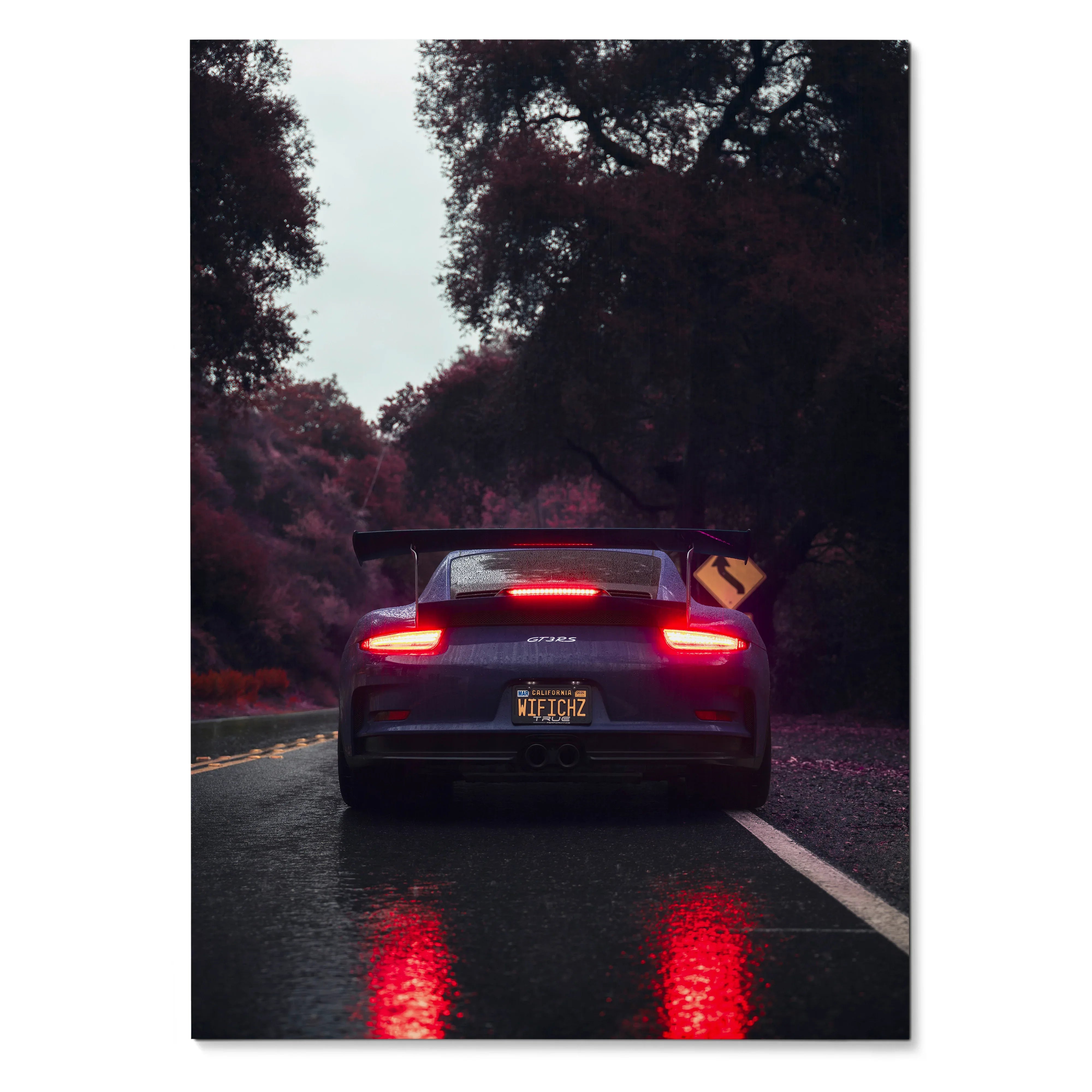 Poster of a black Porsche 911 GT3 RS with illuminated taillights on a wet road, moody forest backdrop wall art.