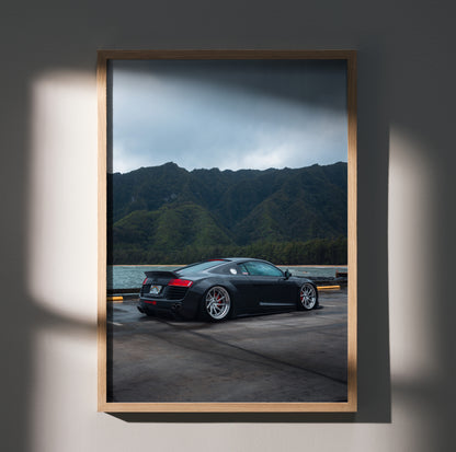 Audi R8 supercar poster wall art with mountain backdrop in sleek black framed print.