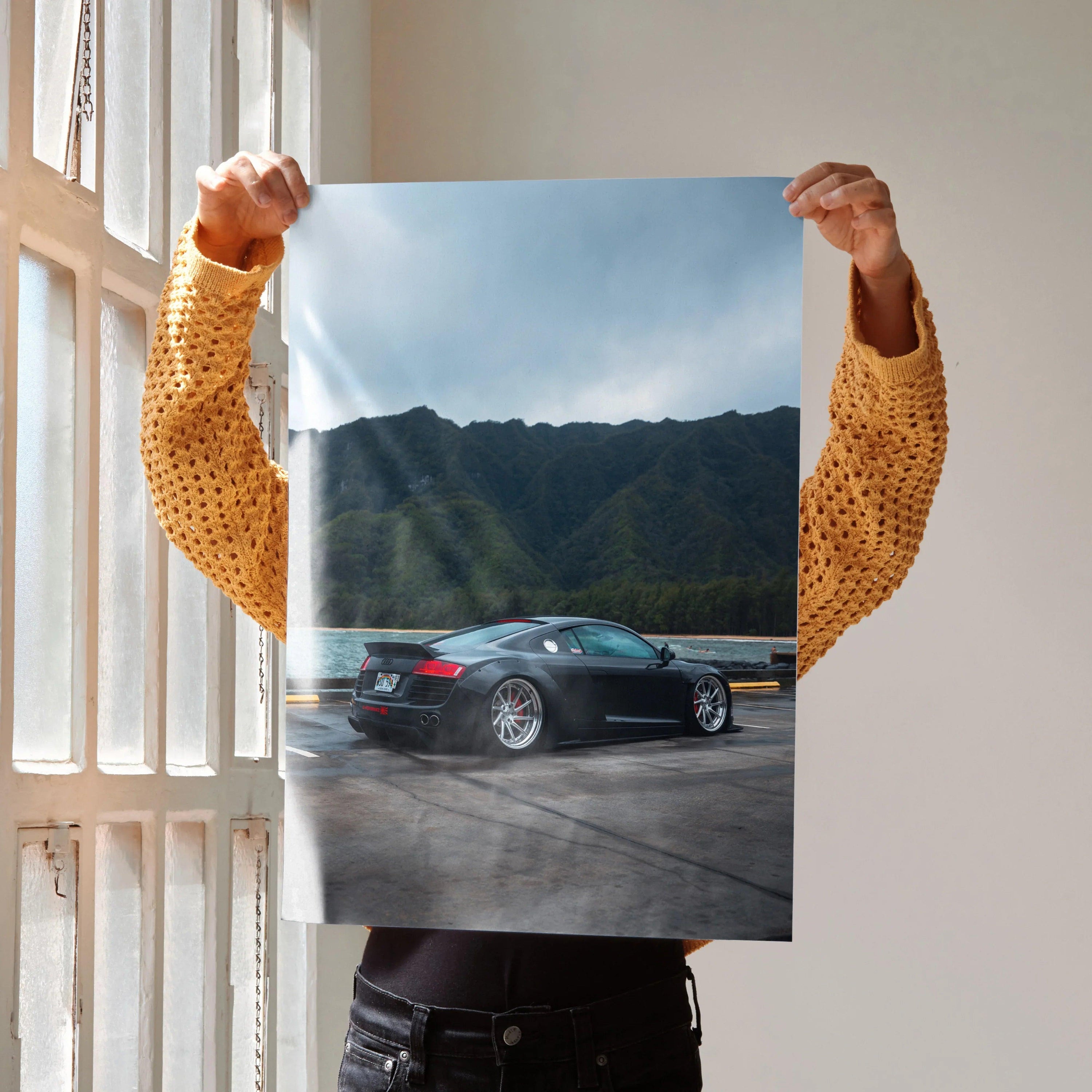 Audi R8 black supercar parked on track with mountain backdrop poster wall art.