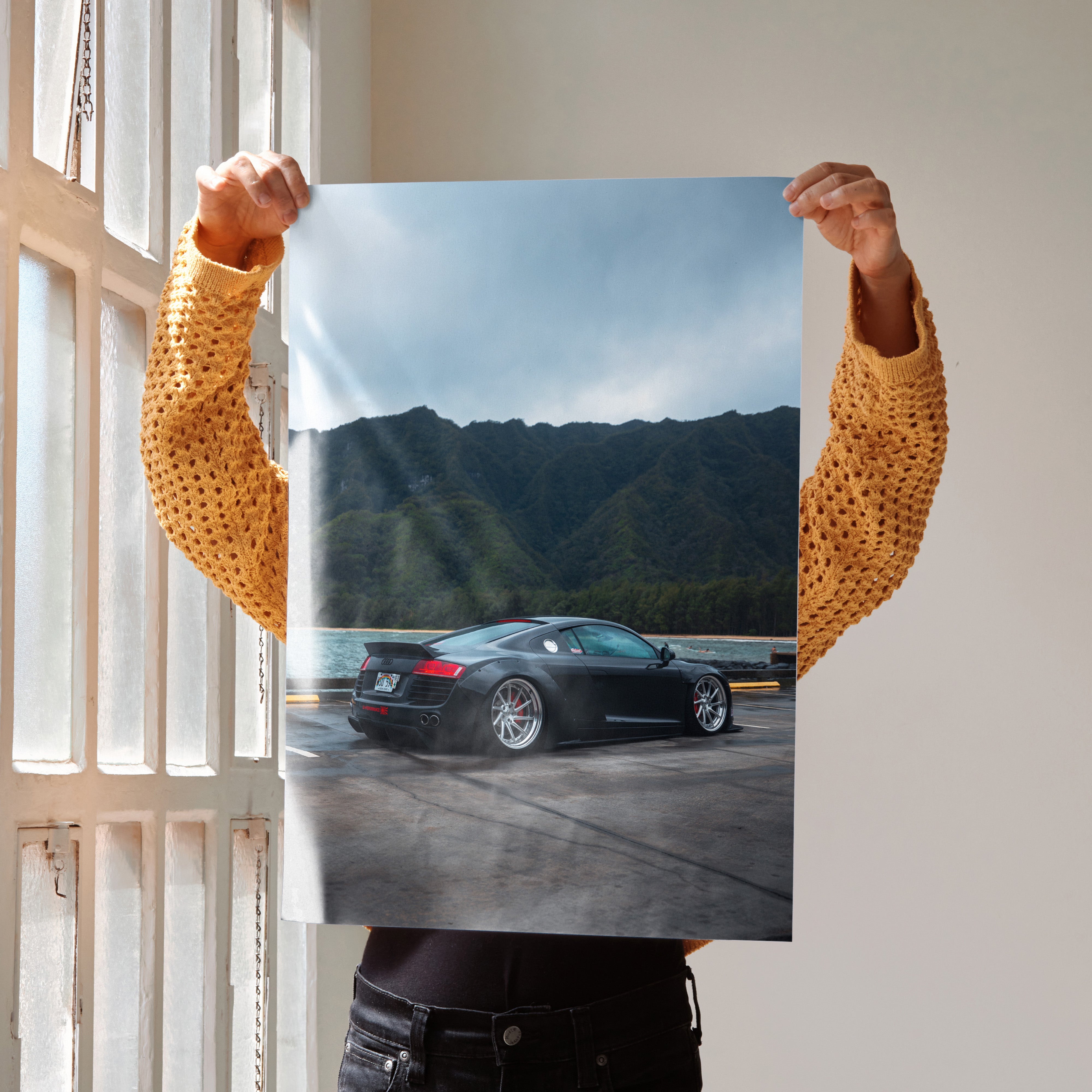 Audi R8 black supercar parked on track with mountain backdrop poster wall art.
