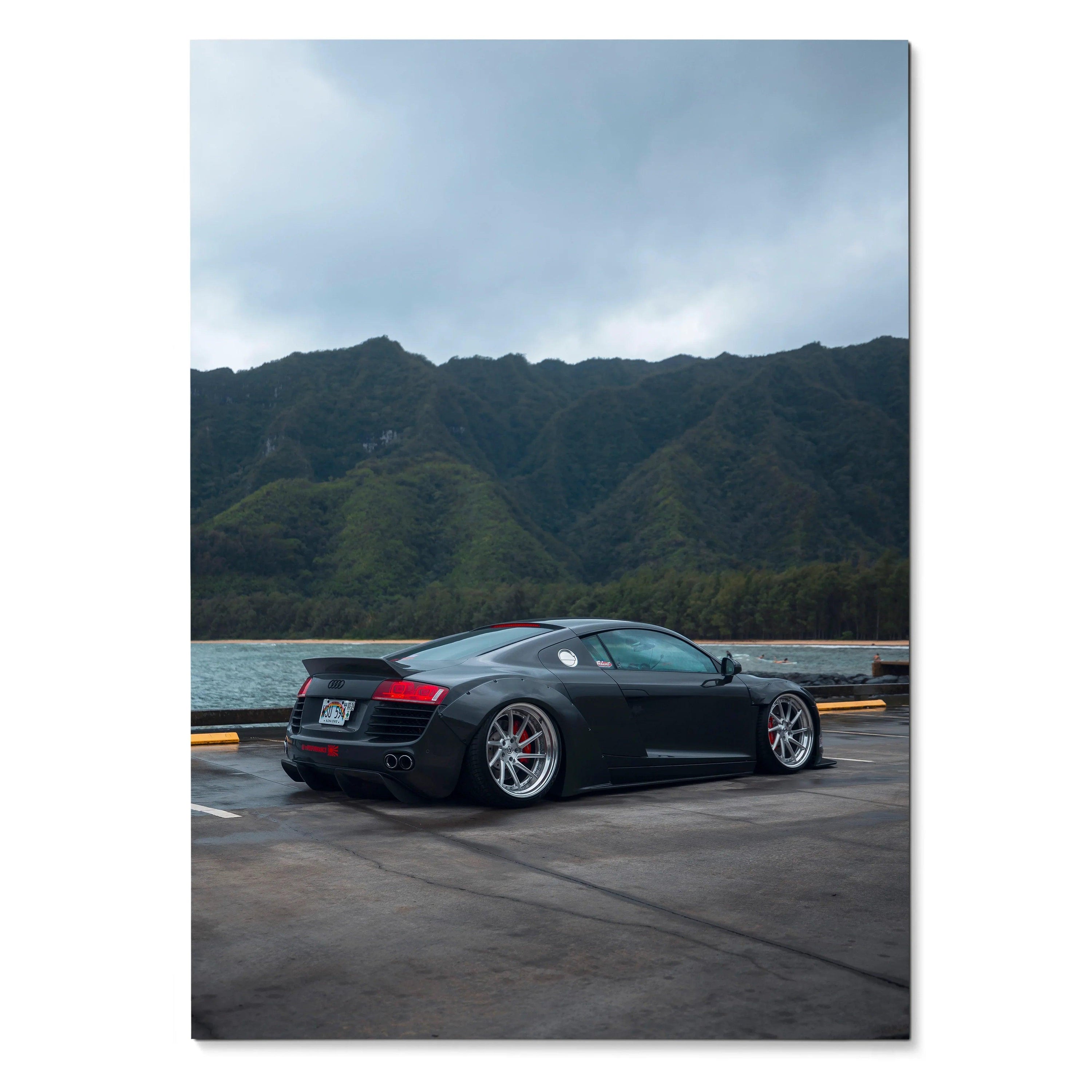 Audi R8 supercar parked near lake with mountain background poster wall art.