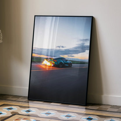 Toyota Supra Mk5 racing with flames on track, high-resolution poster wall art.