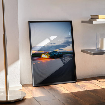 Toyota Supra Mk5 racing at sunset poster leaning against wall, premium wall art print.