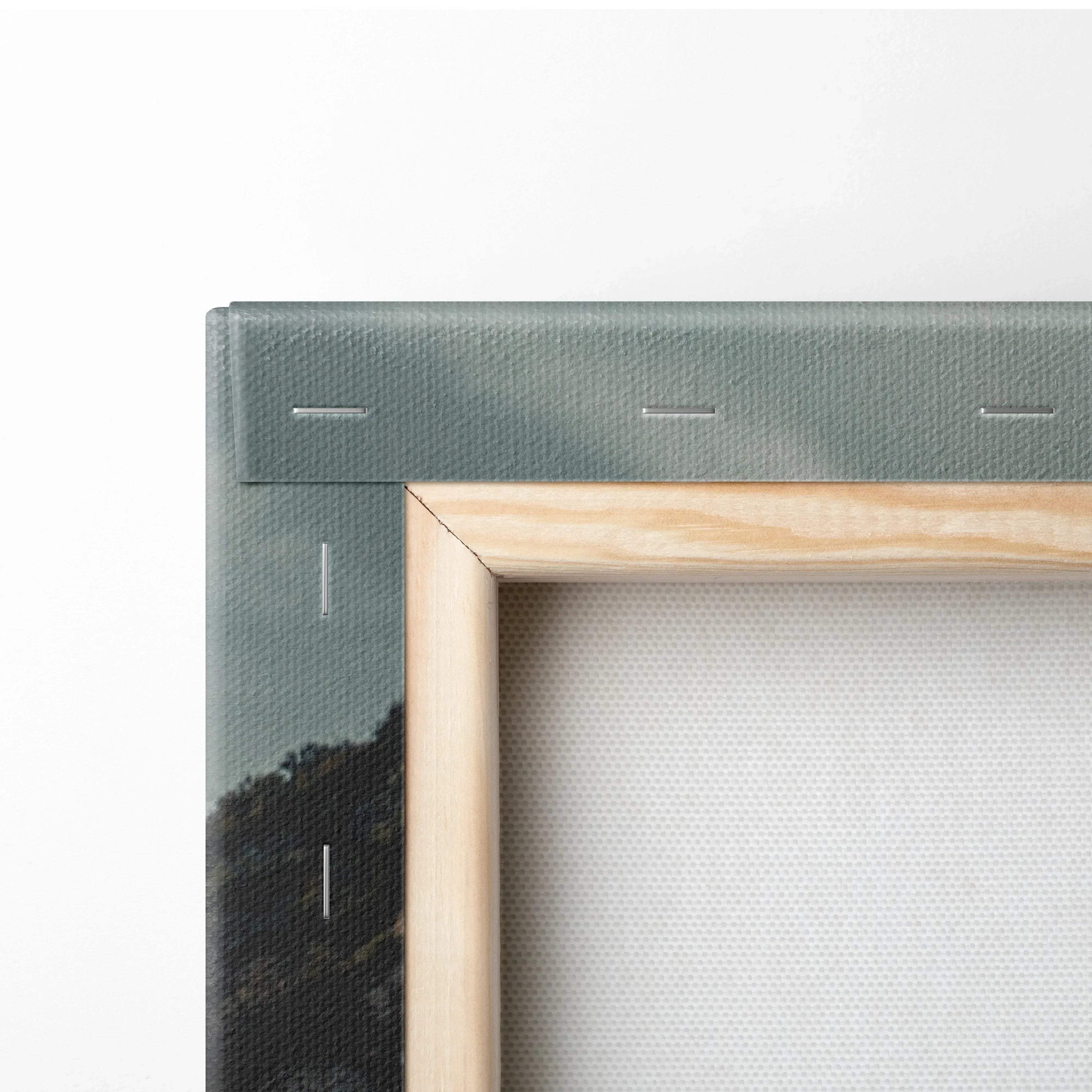 Close-up of wooden frame and textured canvas wall art with high-resolution fabric for museum-quality canvas art.