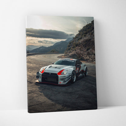 Nissan R35 GTR racing car print on vertical canvas wall art with mountain background.