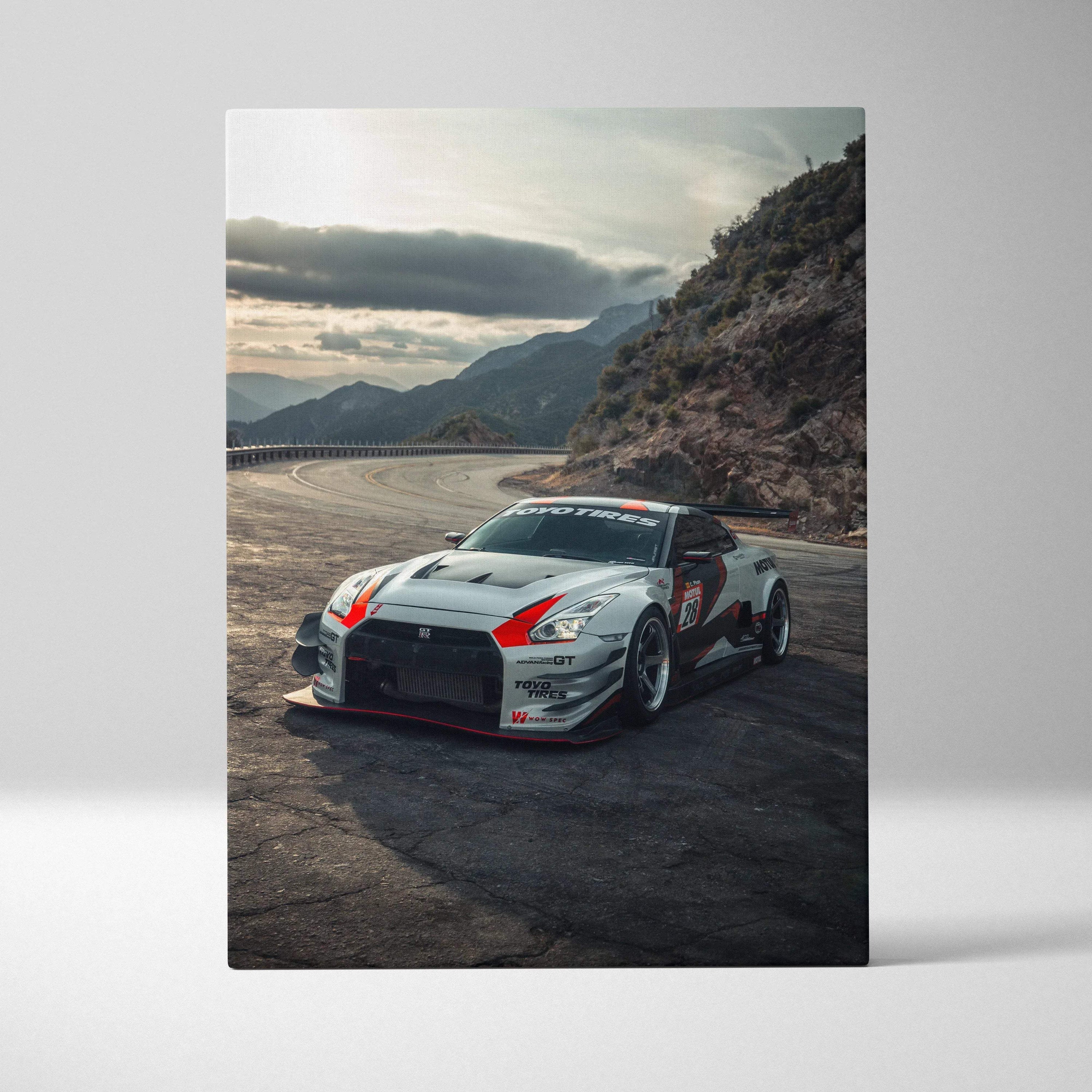 Nissan R35 GTR sports car canvas wall art with mountain landscape background.