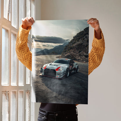 Nissan R35 GTR poster featuring high-resolution car wall art with dramatic mountain and lake background.