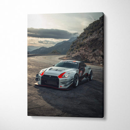 Nissan R35 GTR racing car canvas art with mountain road background, vertical wall art print.