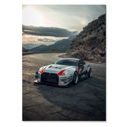 Nissan GTR R35 racing car on cracked asphalt with mountainous background poster wall art.