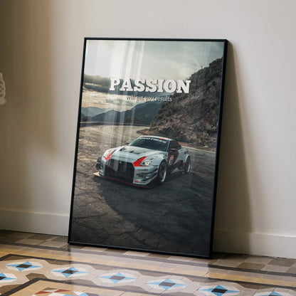 Nissan R35 GT-R on rugged terrain with "PASSION" motivational text poster wall art in black frame.