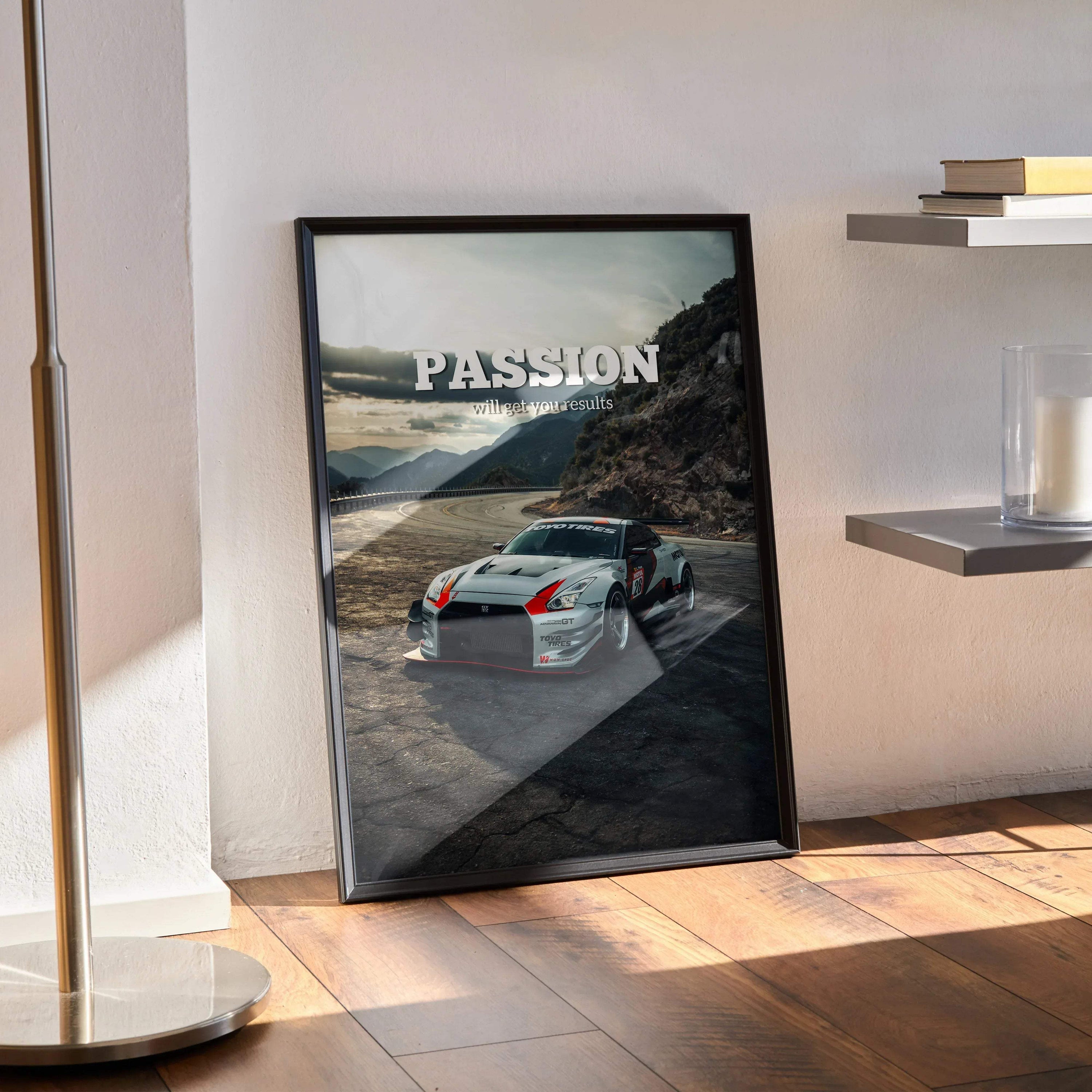 Nissan R35 GT-R poster wall art with red-striped car and "PASSION" text over mountain road background.