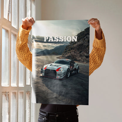 Motivational poster wall art of silver Nissan R35 GT-R on mountain road with text "PASSION".