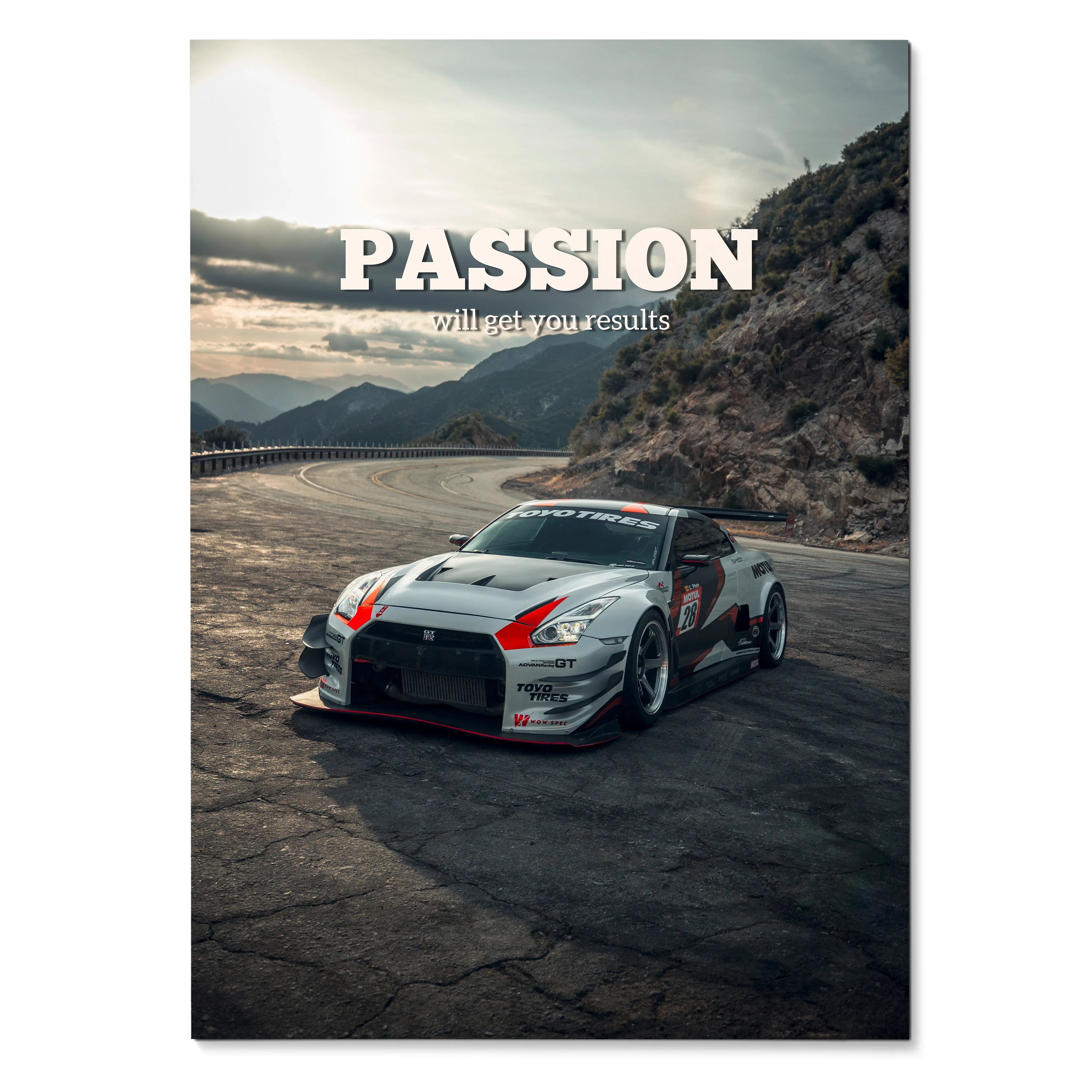 Nissan R35 GT-R parked on mountain road with motivational text "Passion will ignite your results" poster wall art.