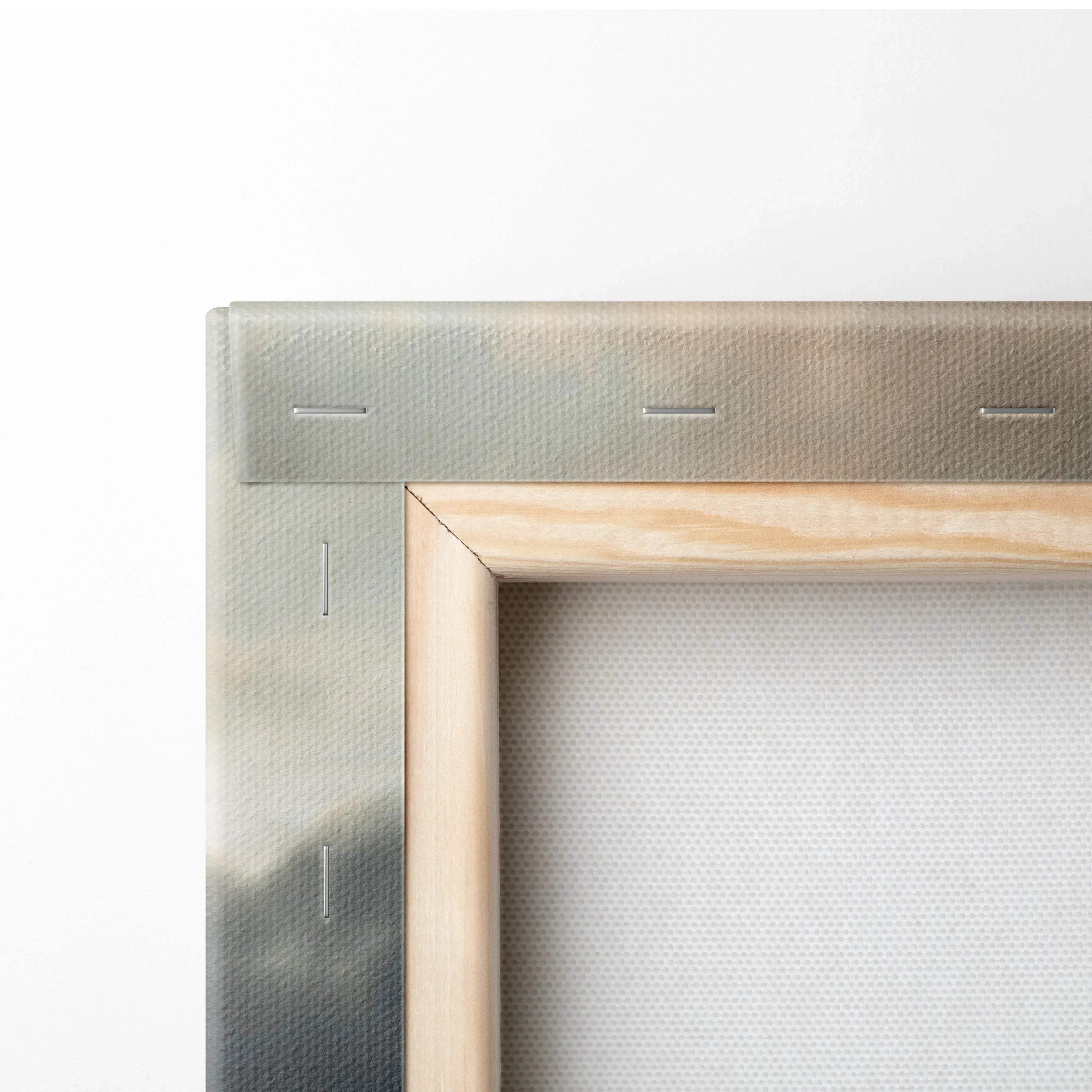 Close-up of wooden frame and stretched canvas backing for vertical Nissan R35 GTR canvas wall art.