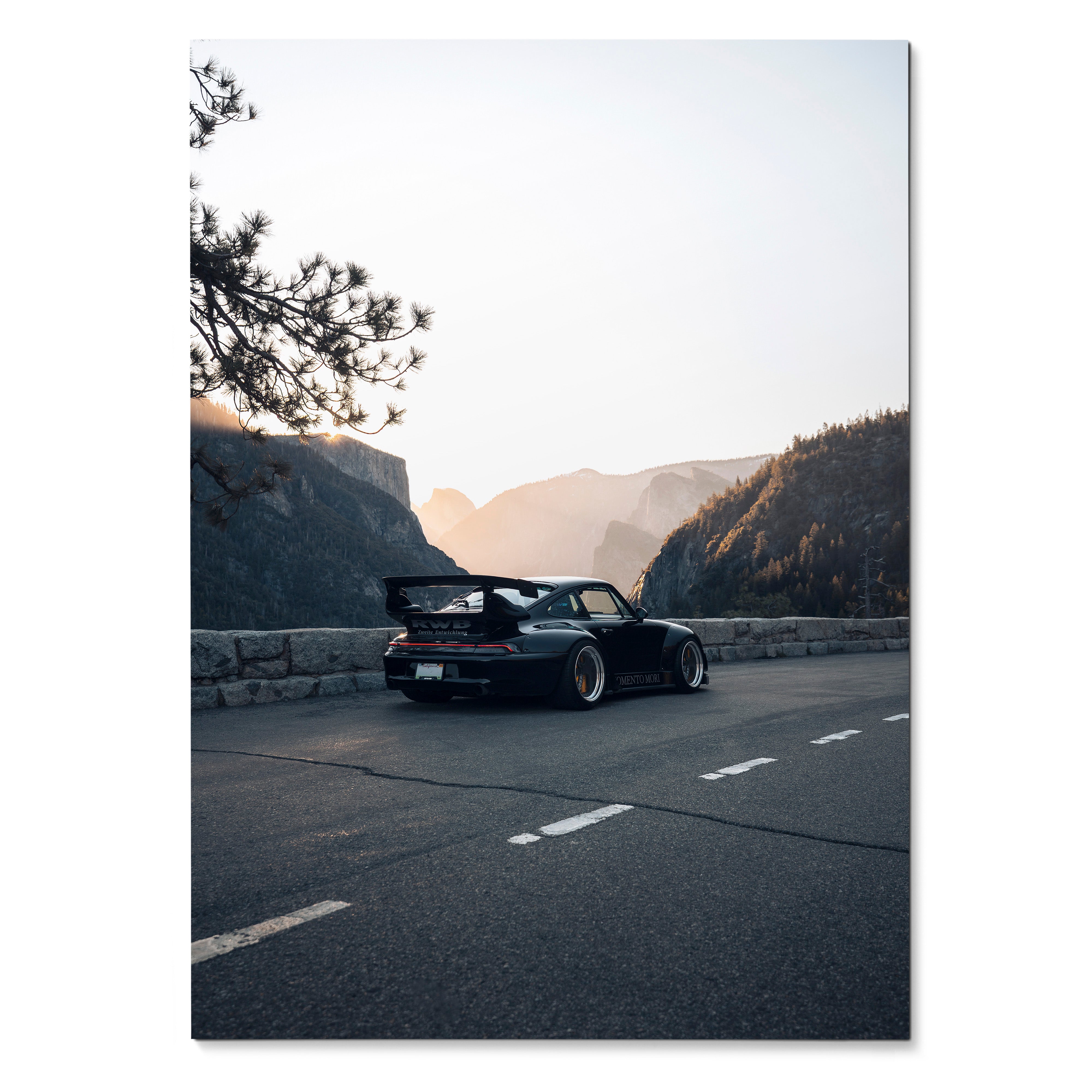RWB Porsche 911 parked on mountain road at sunset poster wall art with scenic landscape background.