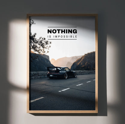 Poster of black RWB Porsche 911 on mountain road with "Nothing is Impossible" motivational text wall art.