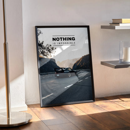 Motivational poster wall art featuring RWB Porsche 911 with "Nothing is Impossible" text in black frame.