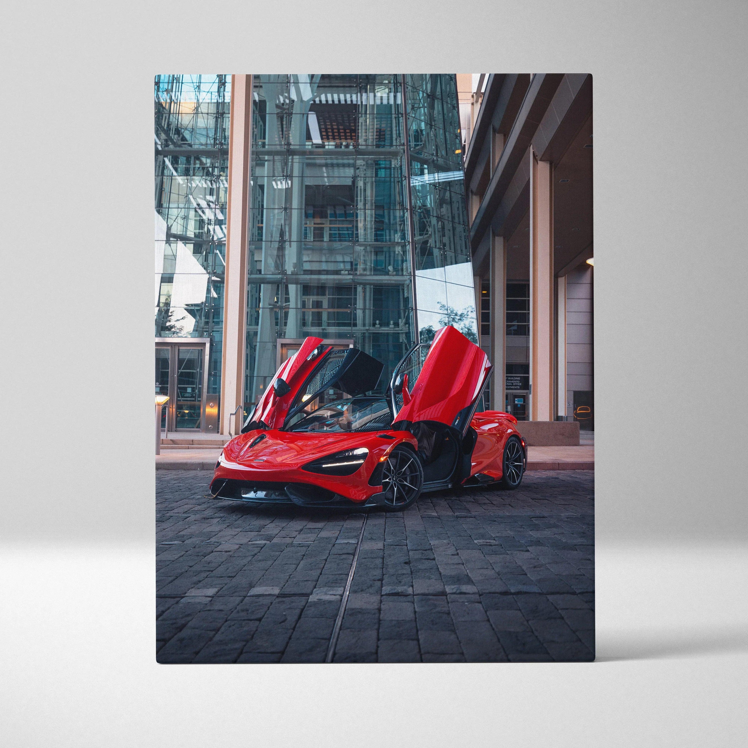 Red McLaren 765LT sports car with doors open, vertical canvas wall art print.