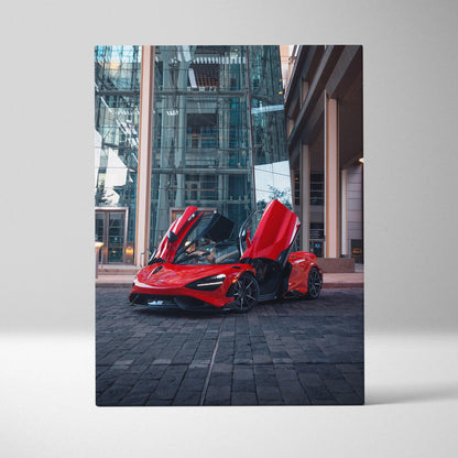 Red McLaren 765LT sports car with doors open, vertical canvas wall art print.