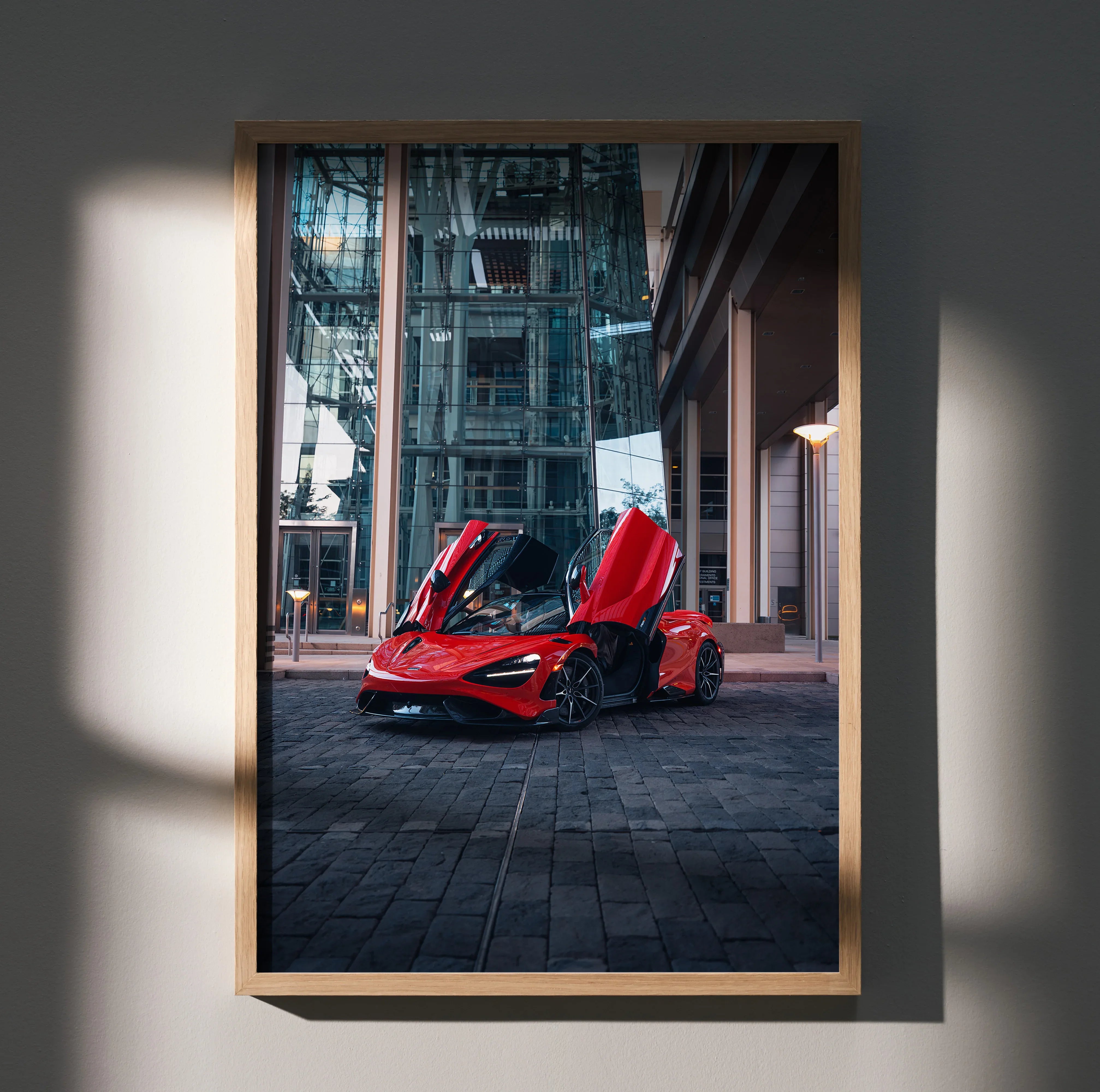 Red McLaren 765LT supercar with scissor doors open, urban cityscape wall art poster.