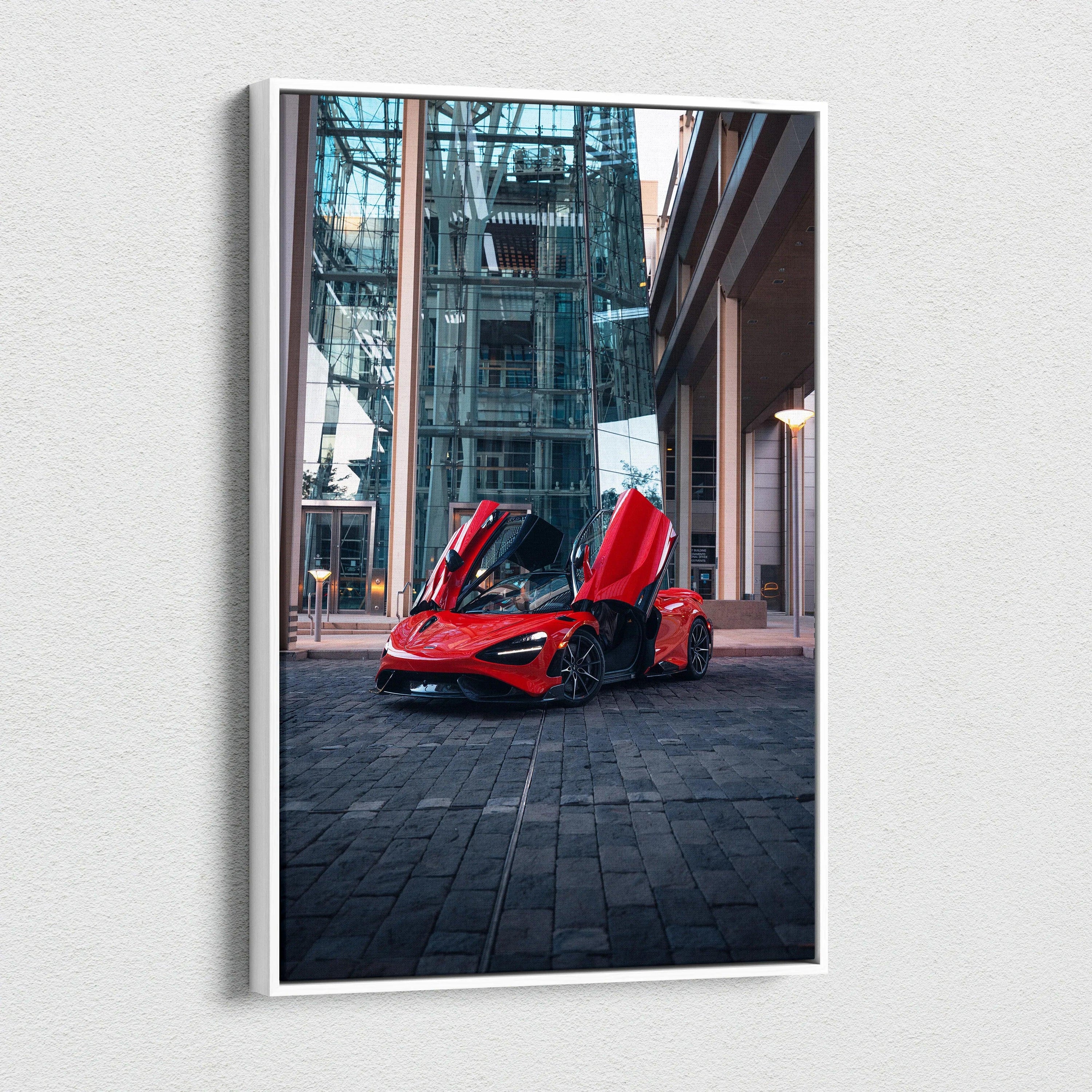 McLaren 765LT red sports car vertical canvas art with urban industrial background wall art.