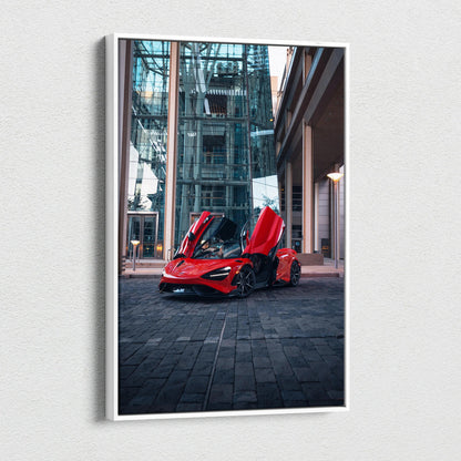 McLaren 765LT red sports car vertical canvas art with urban industrial background wall art.