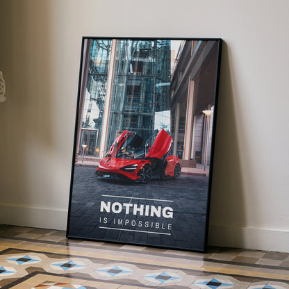 Motivational poster wall art featuring red McLaren 765LT with open doors and text "Nothing Is Impossible".
