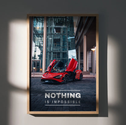 Motivational poster wall art featuring red McLaren 765LT with doors open and inspiring text "Nothing is Impossible".
