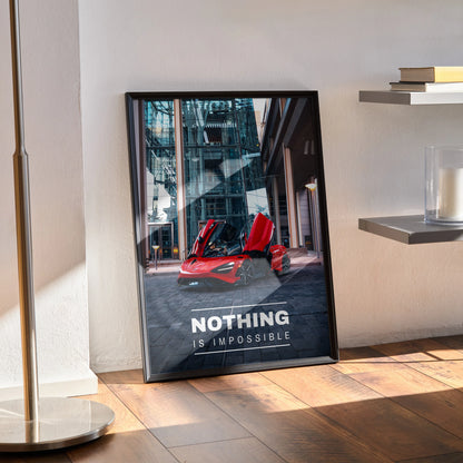 Motivational poster wall art featuring red McLaren 765LT with inspiring text "Nothing is impossible" in black frame.