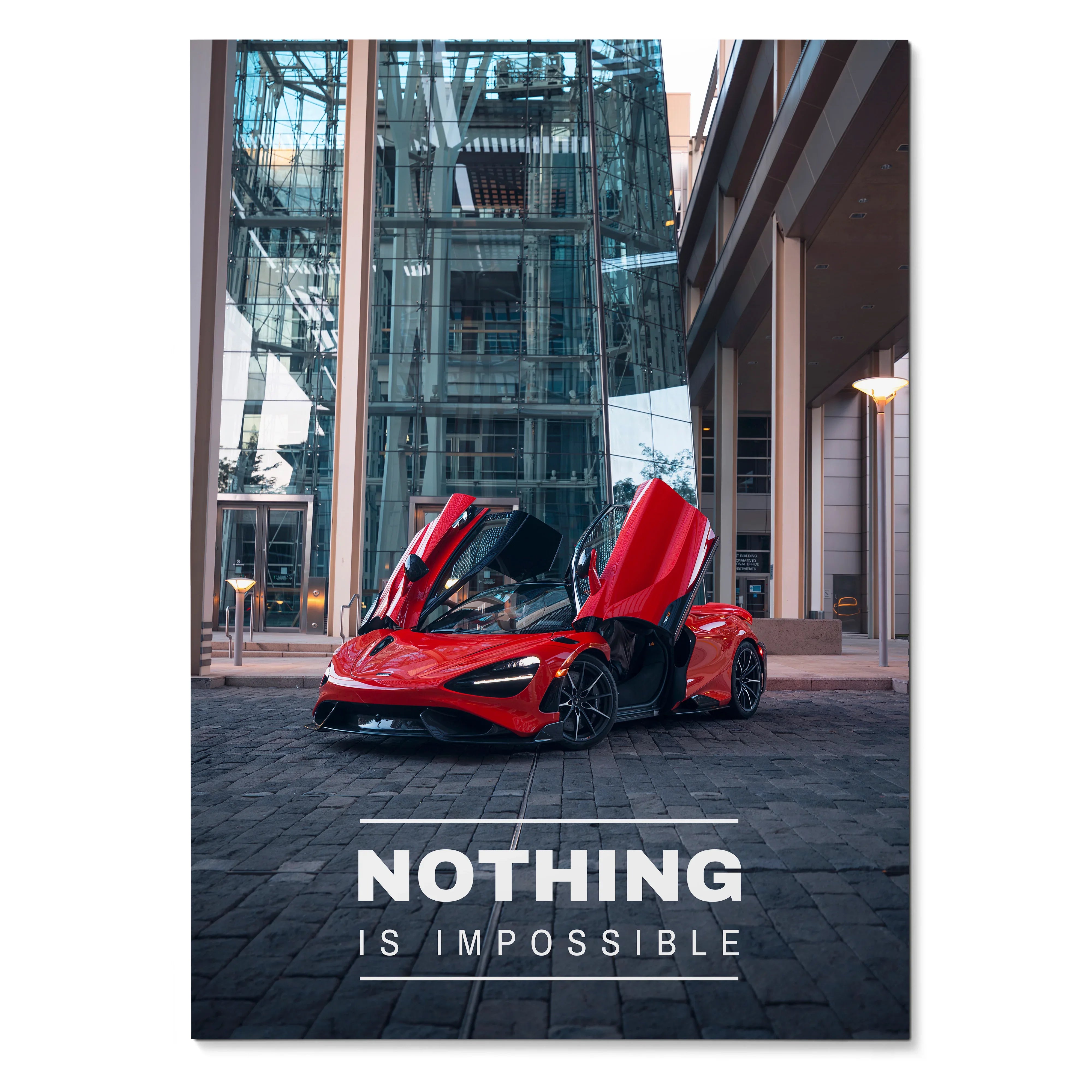 Red McLaren 765LT with gullwing doors open in urban setting motivational poster wall art.